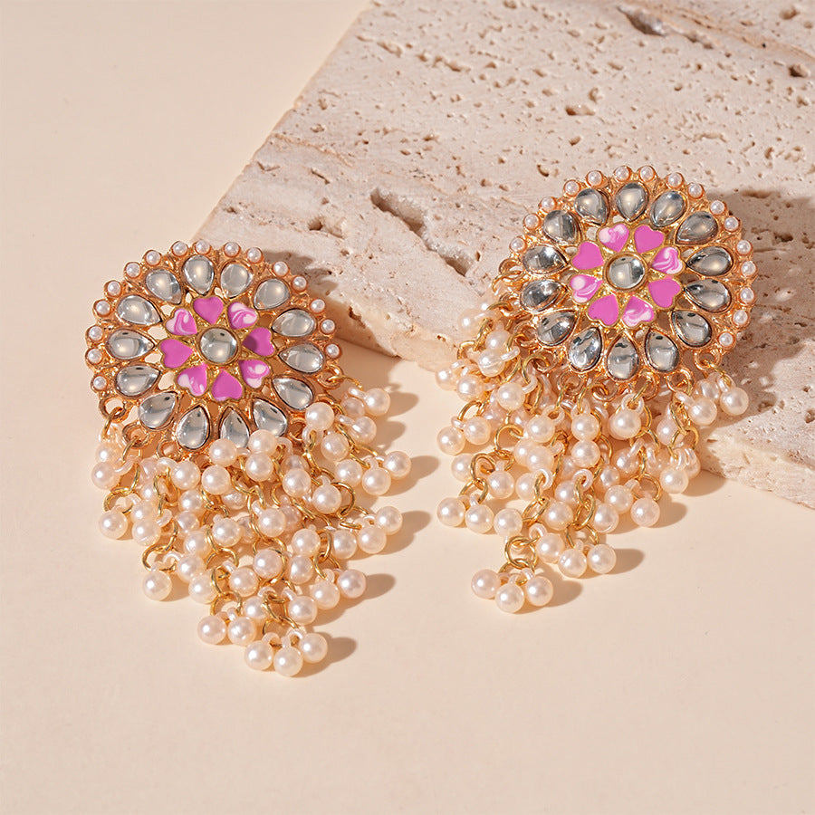 Wholesale Exaggerated Acrylic Round Pearl Tassel Silver Pin Earrings