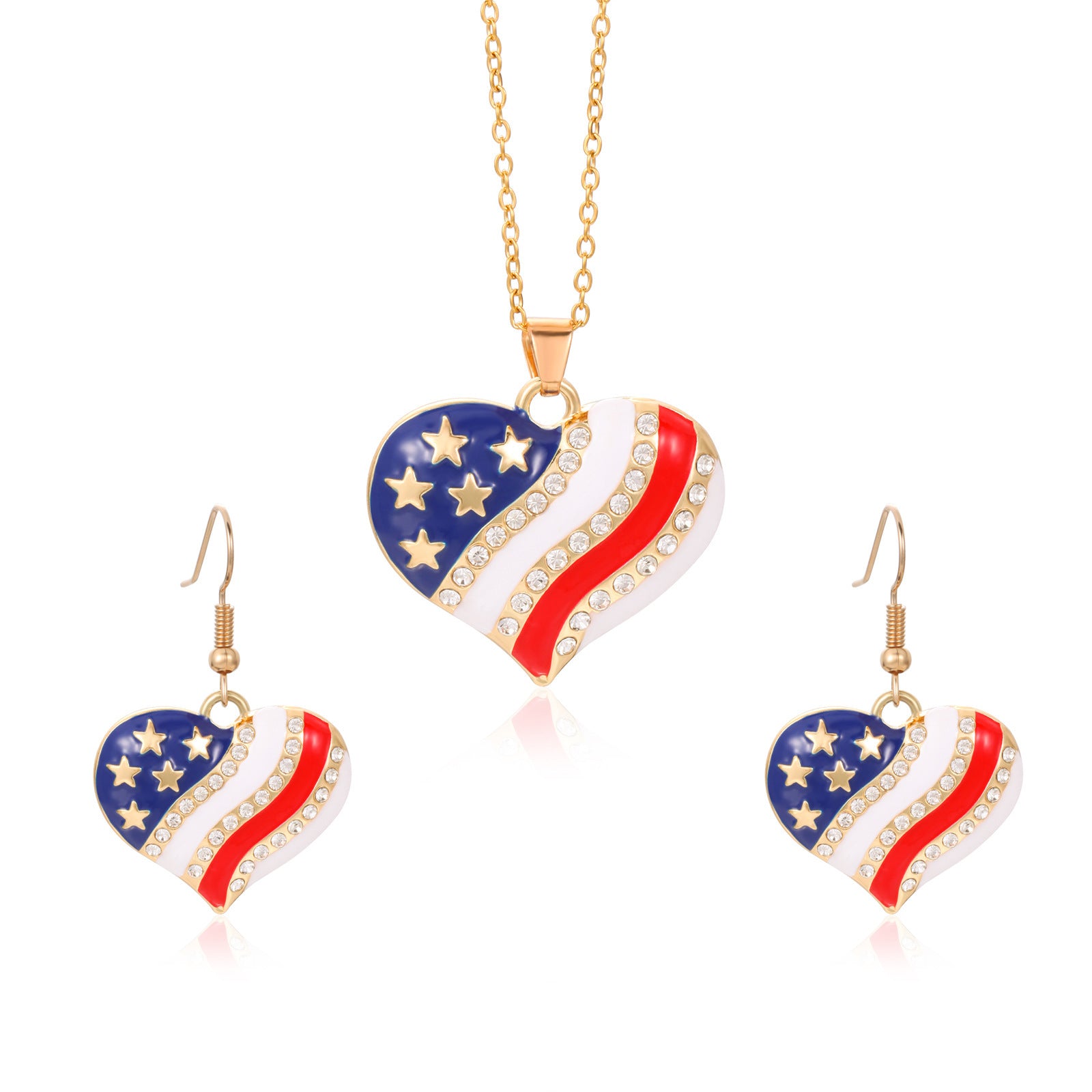 Wholesale  American Independence Day Necklace Alloy Diamond Set American Map Flag Striped Earrings Necklace Set