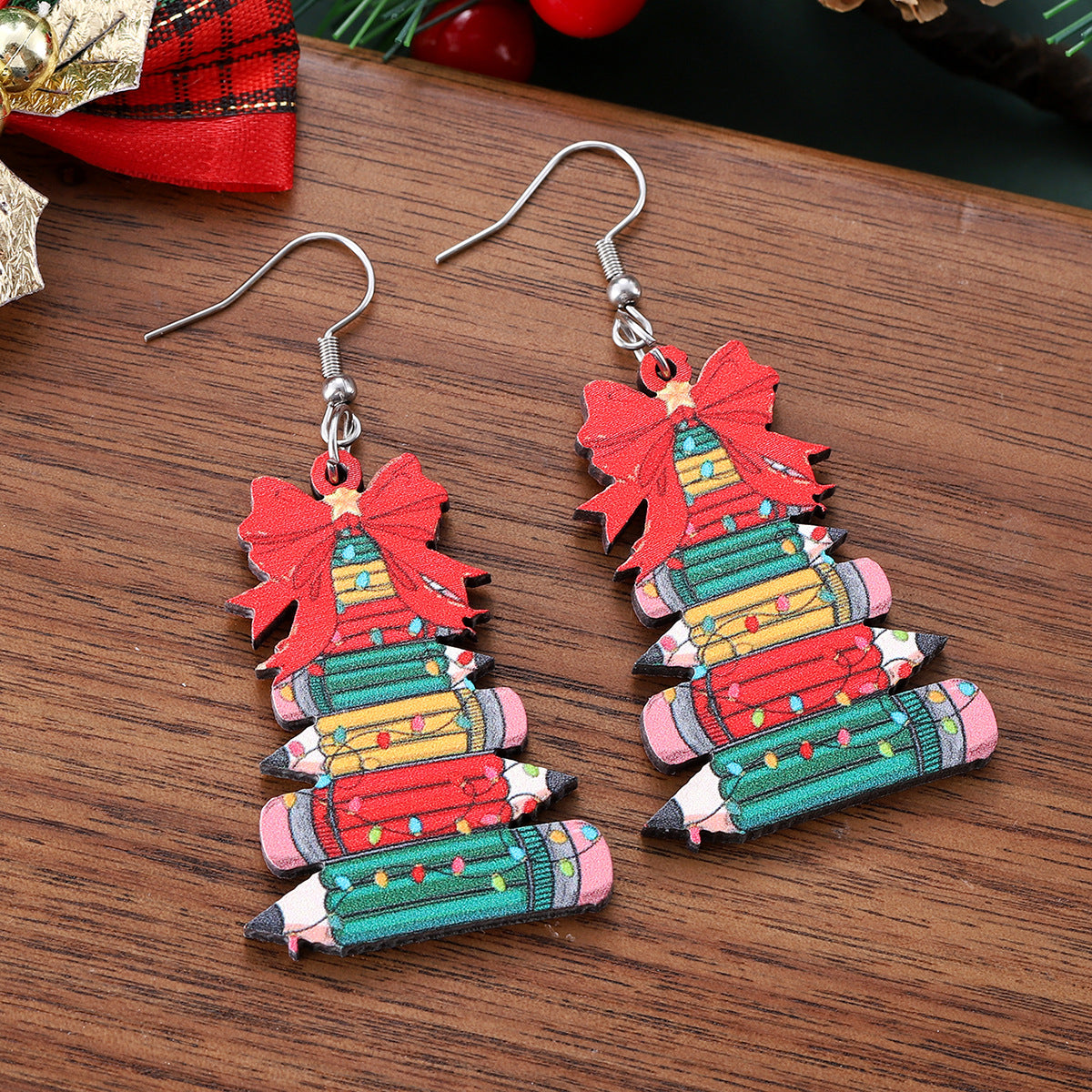Wholesale Christmas bow pencil Christmas tree pendant earrings wooden