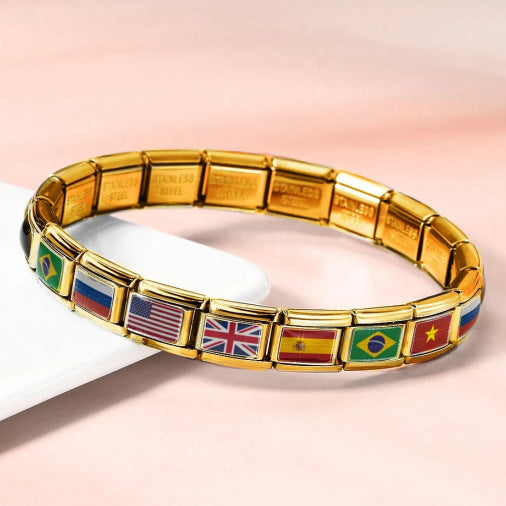 Wholesale Golden World Flag Photo Epoxy Italian Module Bracelet DIY Stainless Steel Elastic Strap Chain Bracelet