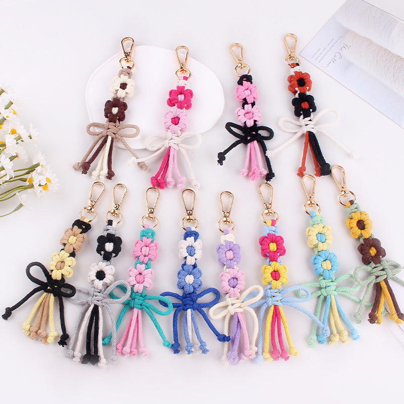 Wholesale Handwoven Cotton Rope Keychain Cartoon Flower Bow In Pink Korean Style Festival Gift
