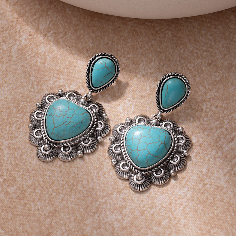 Wholesale Vintage Alloy Earrings with Turquoise Heart Pendant Earrings