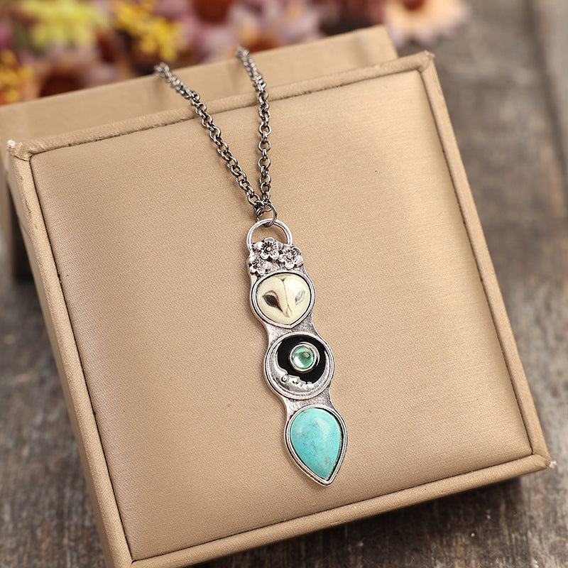 Wholesale Vintage style owl inlaid synthetic turquoise long bohemian alloy necklace