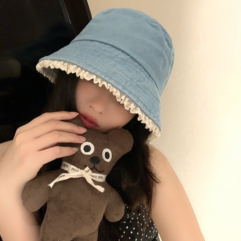 Wholesale Cute bucket hat with lace trim denim sun protection bucket hat