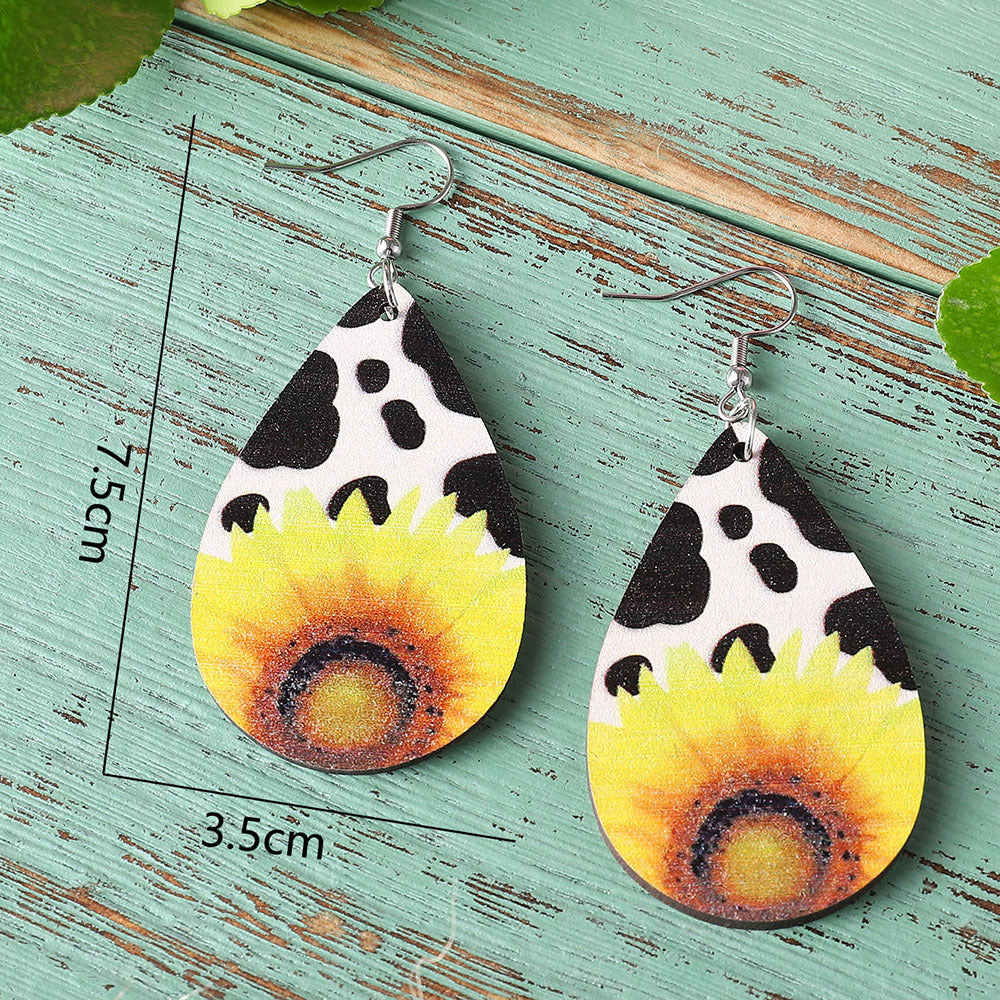 Wholesale Western Style Cow Print & Sunflower Earrings Double Sided Wooden Dangles