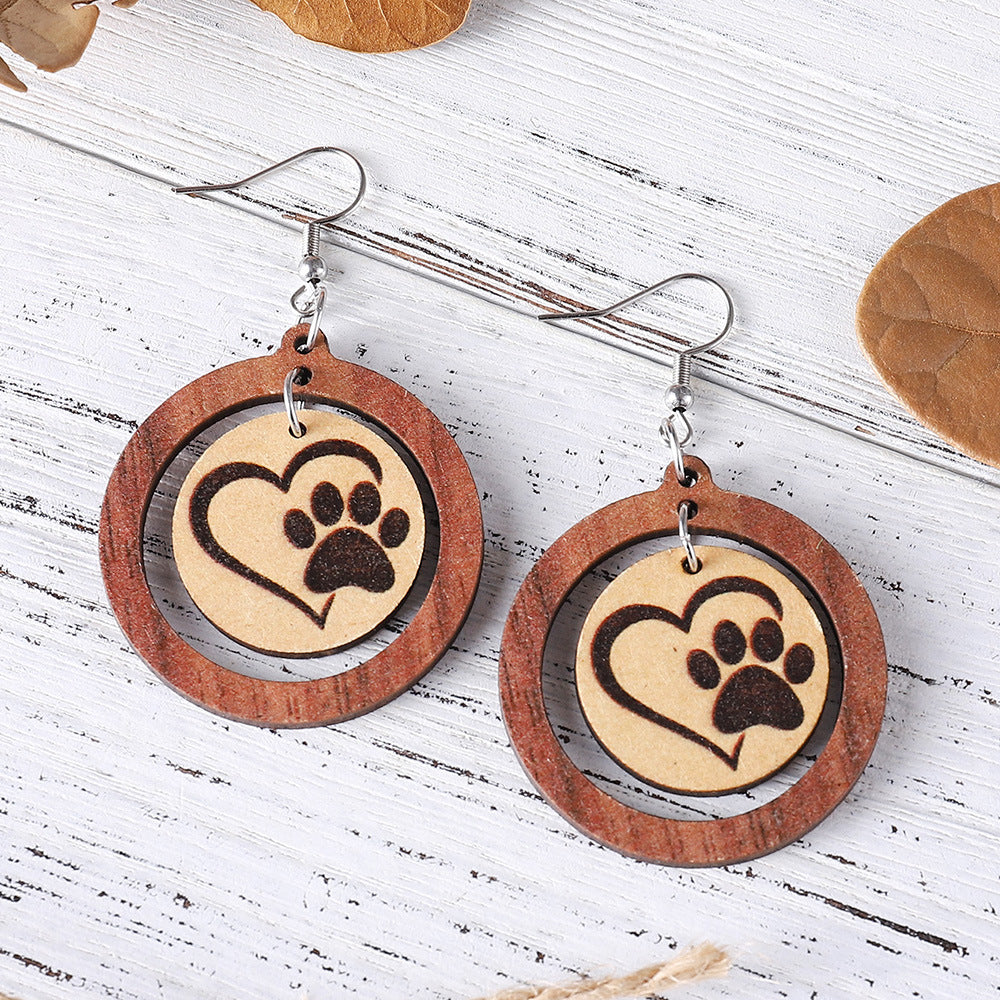 Wholesale  Paw Print  Double-sided Wooden Hanging Earrings