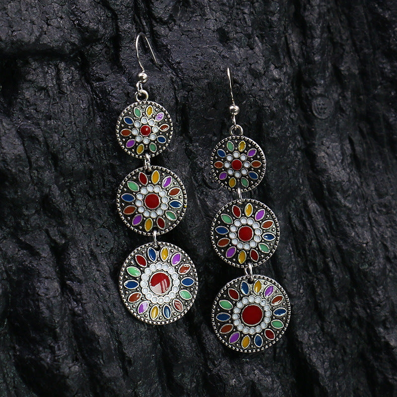 Wholesale hollow alloy retro color  diamond flower  earrings