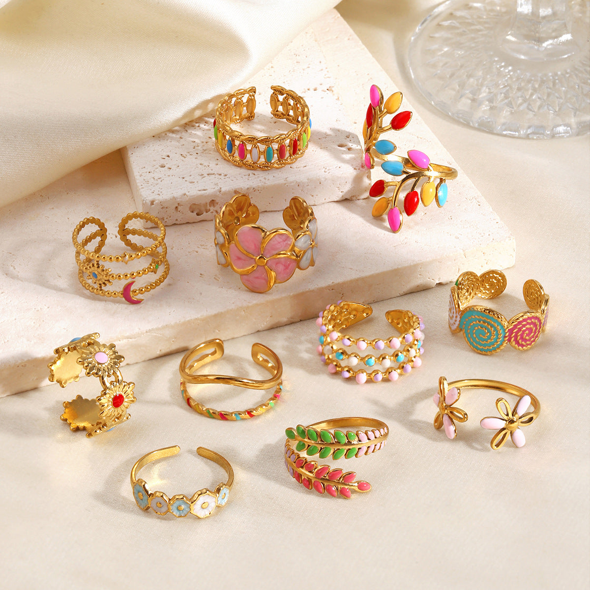 Wholesale Gold Plated Stainless Steel Colorful Enamel Floral Geometric Ring Trendy Fashion Accessory for Women