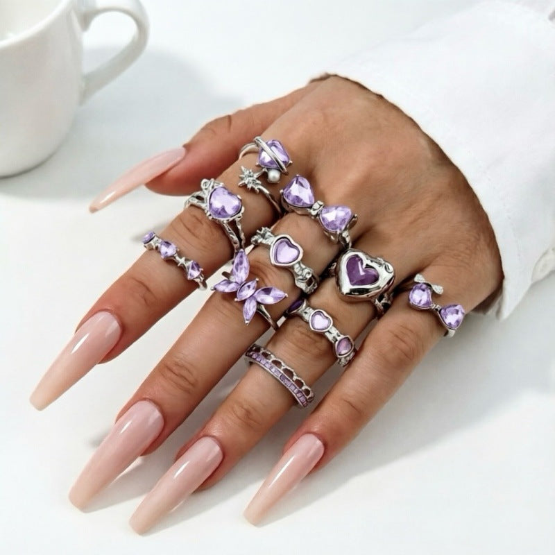 Wholesale Alloy Butterfly Rhinestone Open Ring Set Silver Pink Fashion Jewelry Gift