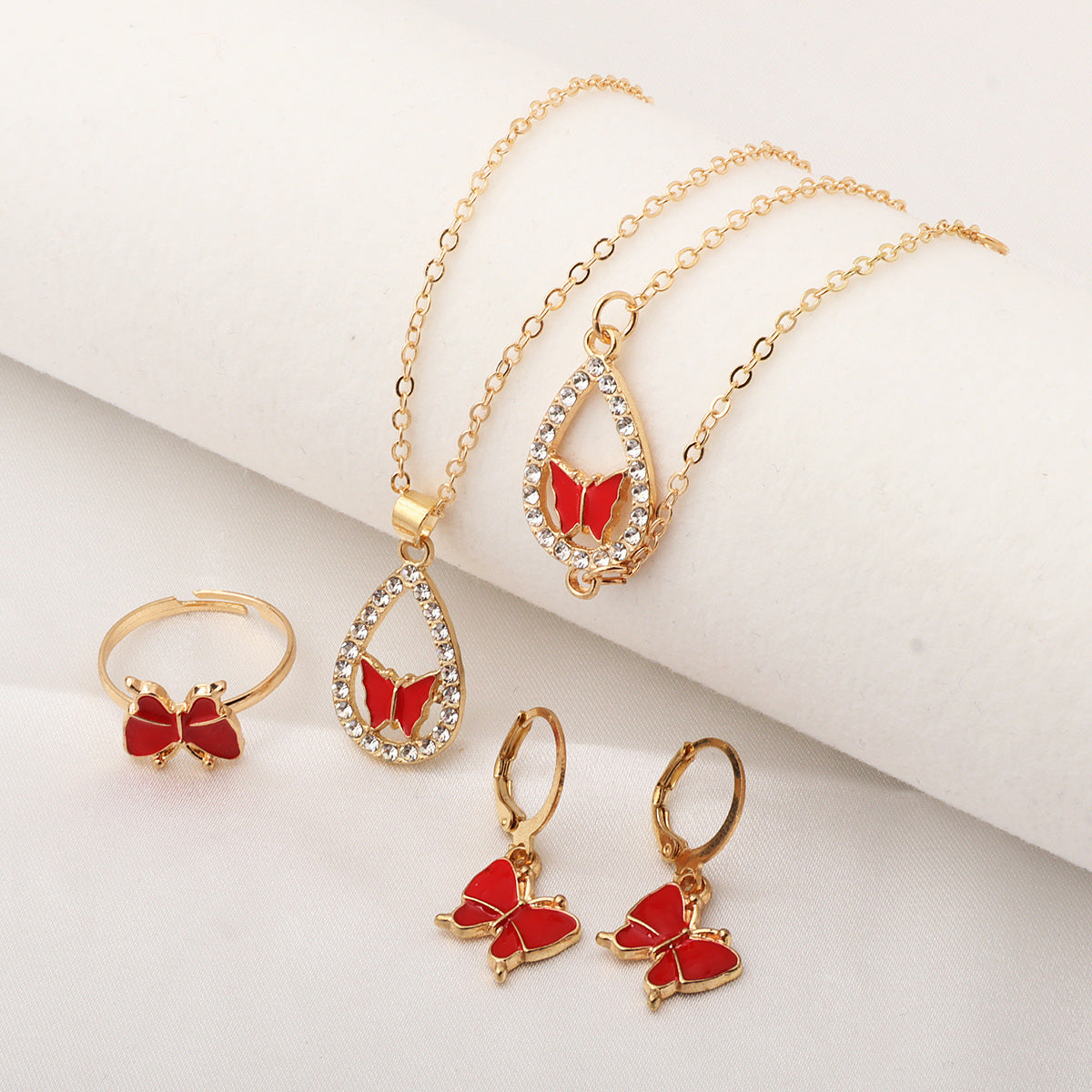 Wholesale butterfly set oil drop diamond casual bracelet ring necklace earrings  jewelry