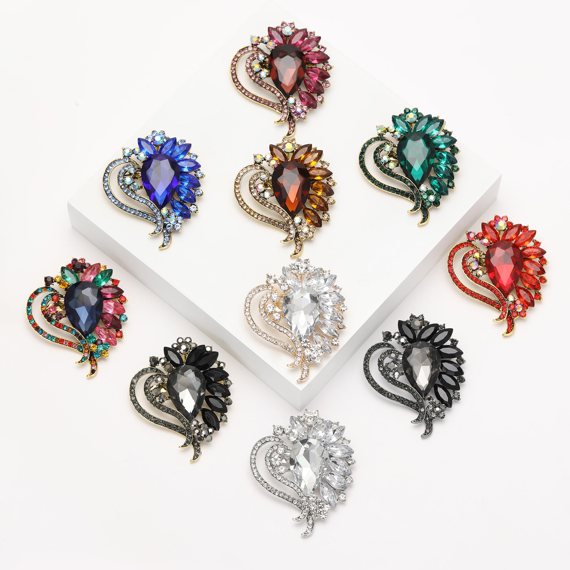 Wholesale Flower Brooch Pin Alloy Red Crystal Glass Style Women S Party Fashion Accessory