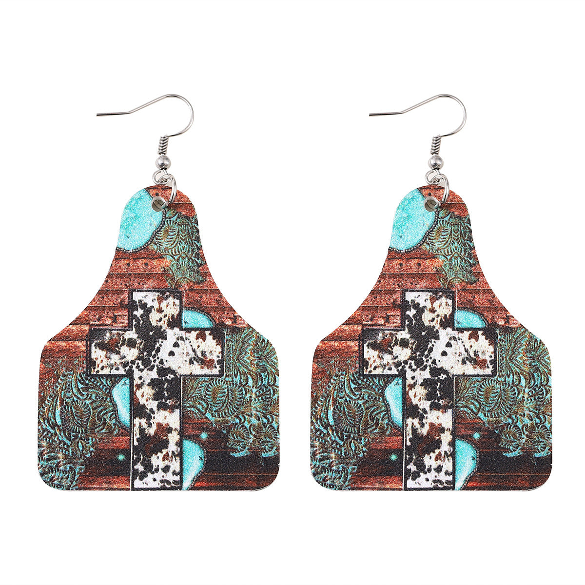 Wholesale Western Style Leopard Cow Pattern Sunflower Cross Leather Earrings ACC-ES-ChuLian138