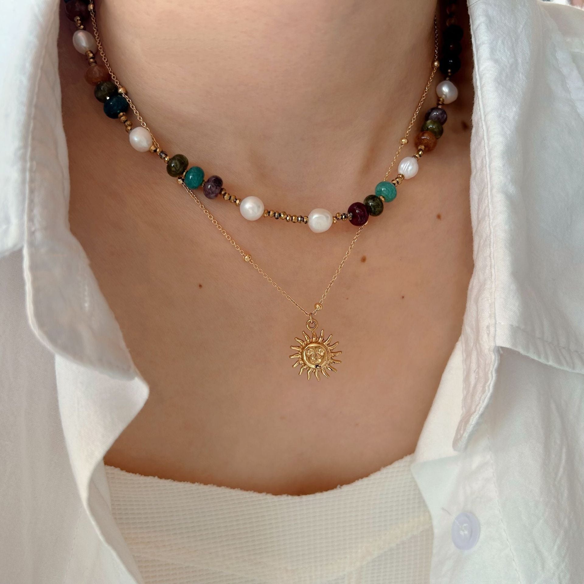 Wholesale Stainless Steel Colorful Natural Stone Beaded Necklace Diamond Devil's Eye  Necklace