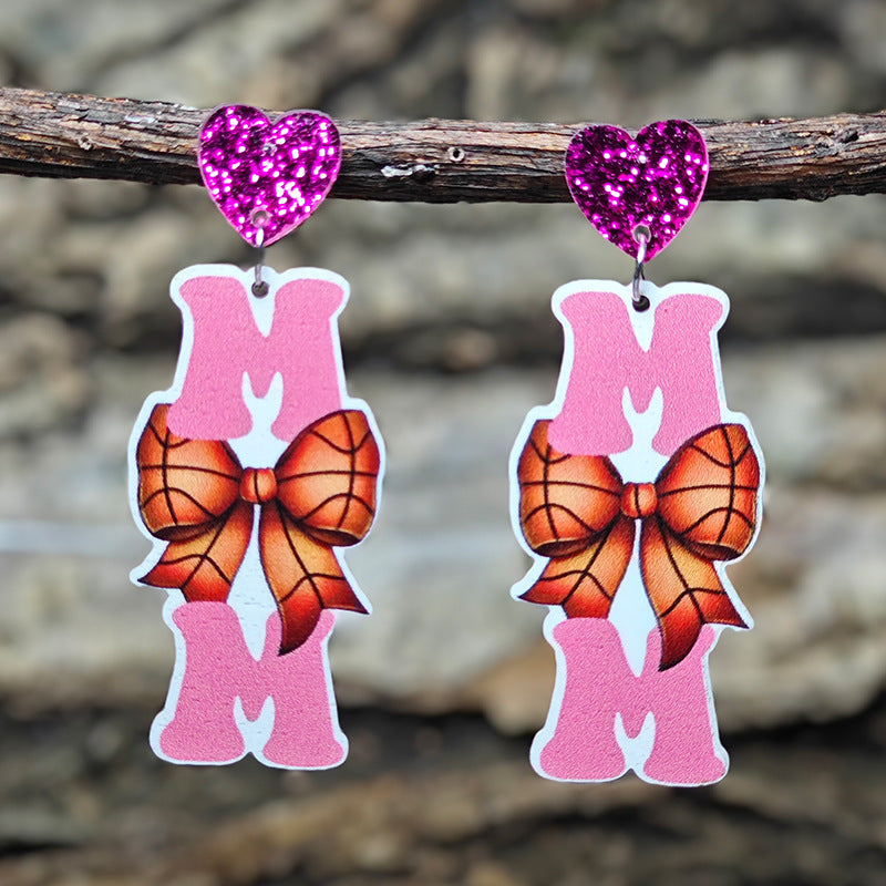 Wholesale Mother's Day Earrings MOM Letters Sports Style Baseball Shiny Earrings