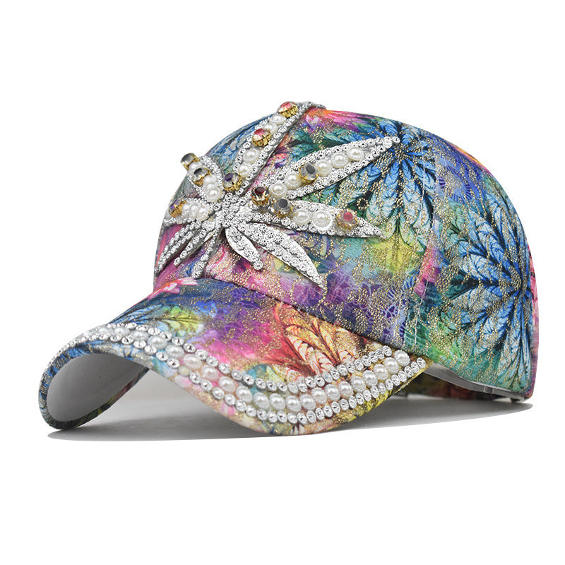 Wholesale Maple Leaf Print Rhinestone Baseball Cap Teal Adjustable For Men Women Outdoor Everyday Wear