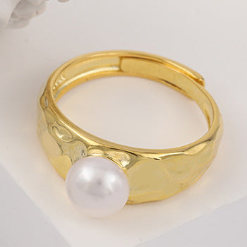 Wholesale  texture irregular concave surface S925 silver freshwater pearl ring
