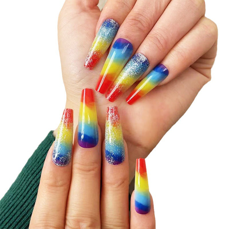 Wholesale Plastic Rainbow Glitter Nail Patches Press on Nails Kits Long Manicure ACC-NS-MeiSu015