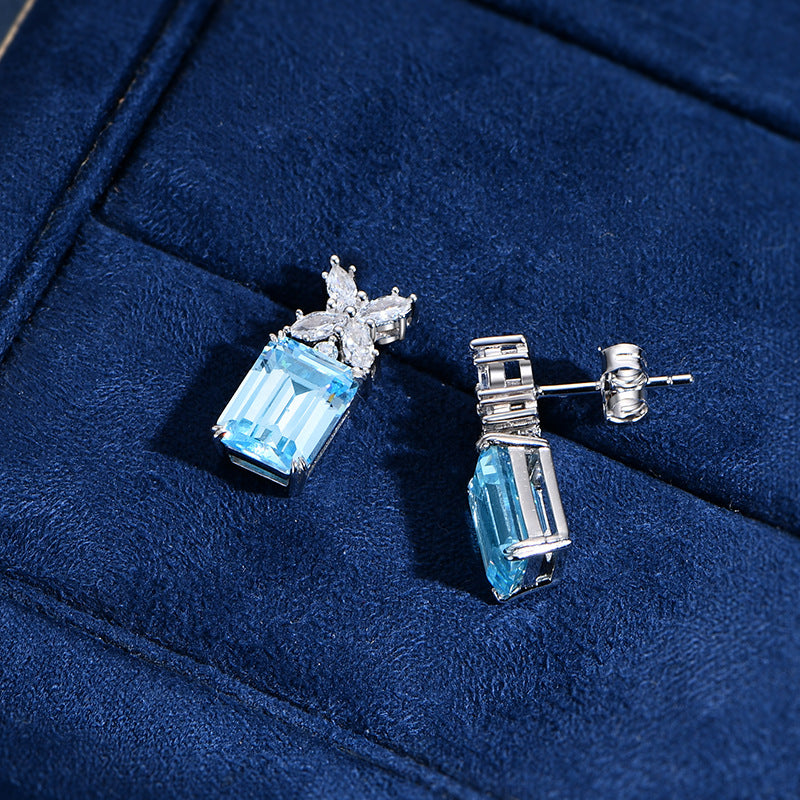 Wholesale 925 Silver Aquamarine Stud Earrings For Women Geometric Design Fashion Jewelry Accessory