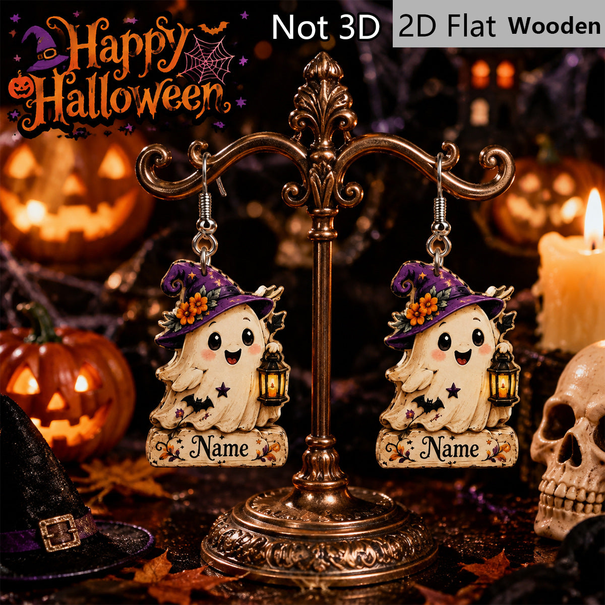 Wholesale Wooden  Earrings Purple Witch Hat Lantern Ghost Painted Retro Party Jewelry Accessory