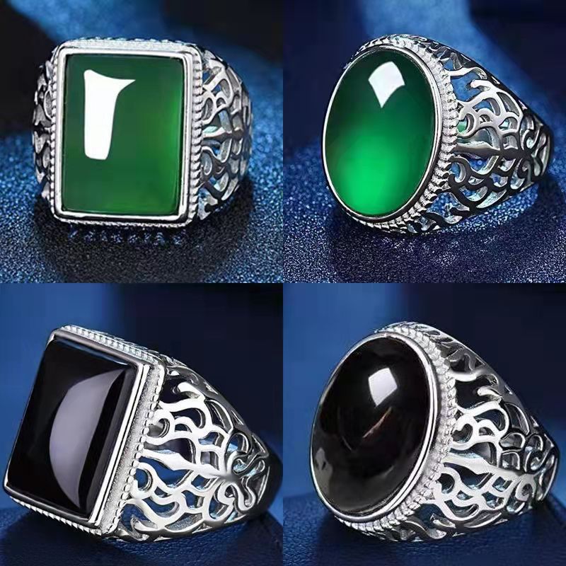 Wholesale Stylish Unisex Imitation Agate Rectangular Gemstone Ring Gold Green Contion Design Fashion Jewelry for Everyday Wear