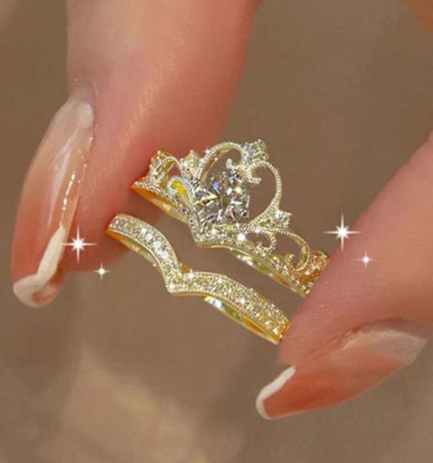 Wholesale Crown Princess Design Ring Set 2PCS Gold Alloy Fashion Jewelry Gift