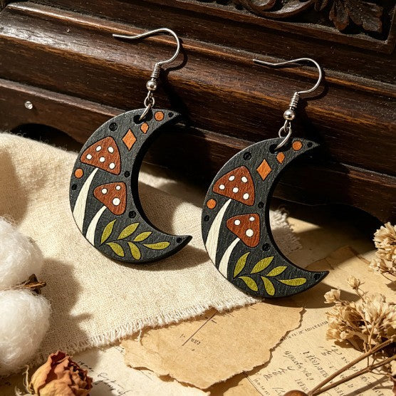 Wholesale Retro Moon Flower Wooden Earrings Printed Leaf Design Fashion Jewelry Accessory For Boutique Resale Gift
