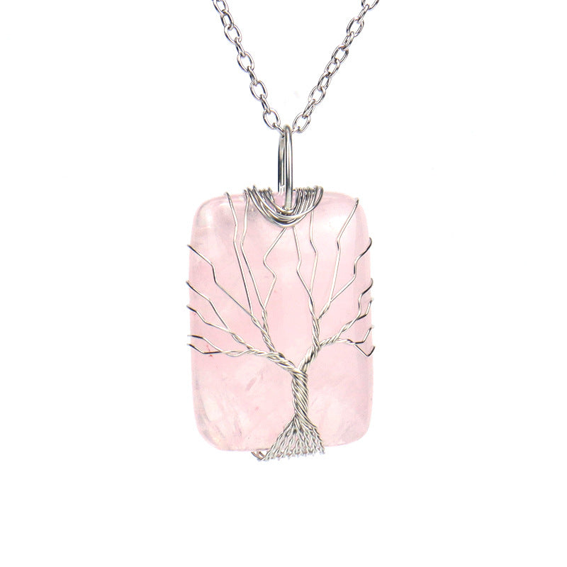 Wholesale Handmade Wire Wrapped Rectangular Tree Of Life Pendant Necklace Natural White Crystal Agate Jewelry Accessory For Resale