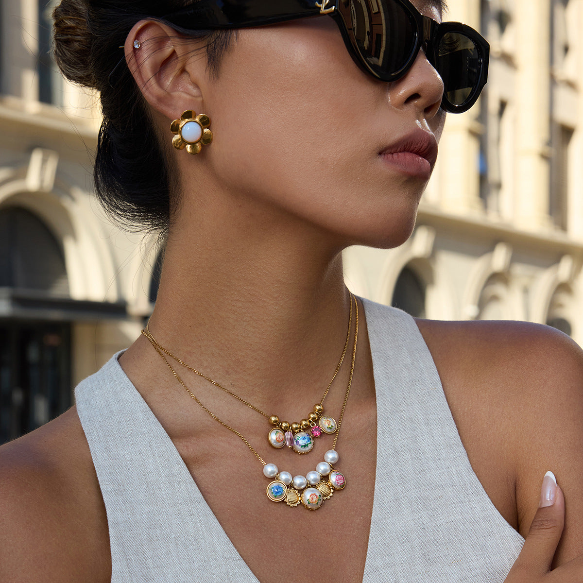 Wholesale Stainless steel sunflower and pearl printed necklace