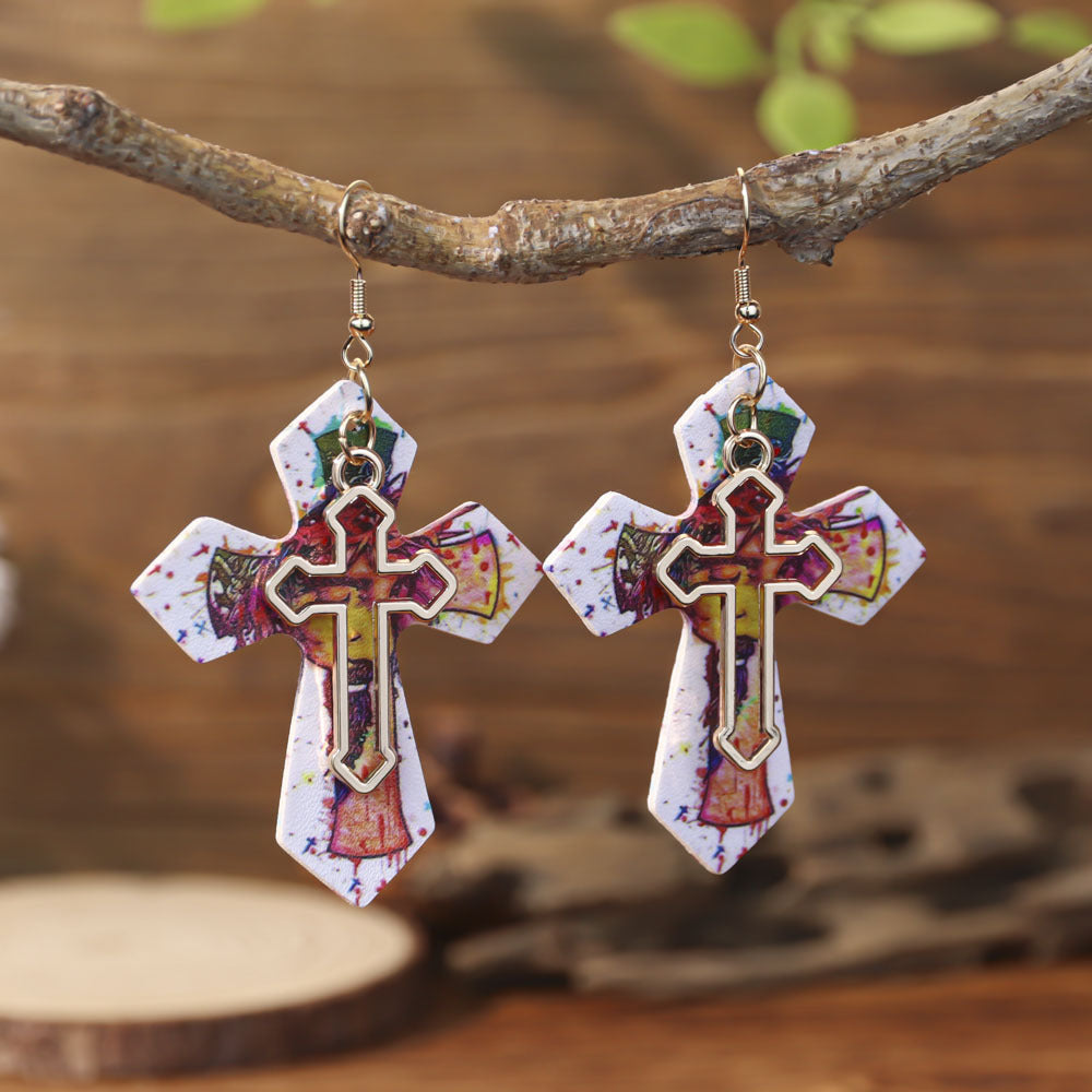 Wholesale double-layer cross leather Gothic style earrings,