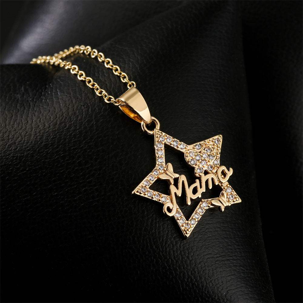 Wholesale Mother's Day Copper Plated 18K Gold Zircon Star Moon MAMA Pendant Necklace ACC-NE-AG005