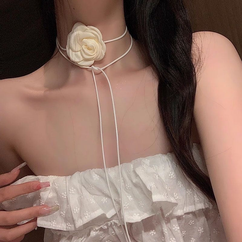Wholesale Handmade Fabric Flower Choker Necklace With Wax Rope Trendy Jewelry Accessory For Women Gift