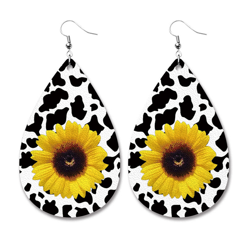 Wholesale 2 Pairs/pack Western Style Sunflower Cow Print Leopard Print Black and White Checkered Leather Earrings ACC-ES-HY069