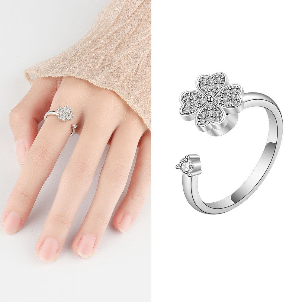 Wholesale  S925 sterling silver anxiety rotating ring adjustable rotating Clover zircon ring
