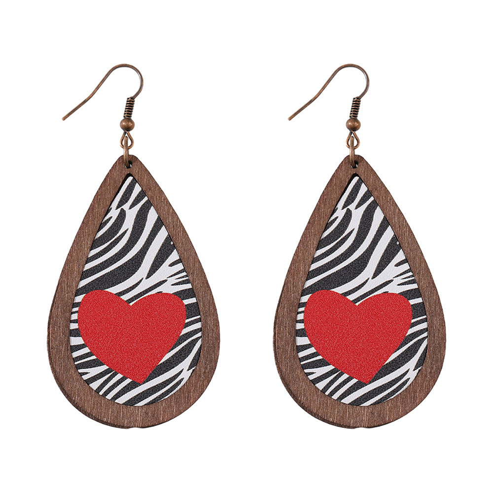 Wholesale Wooden zebra-print heart-shaped PU teardrop earrings