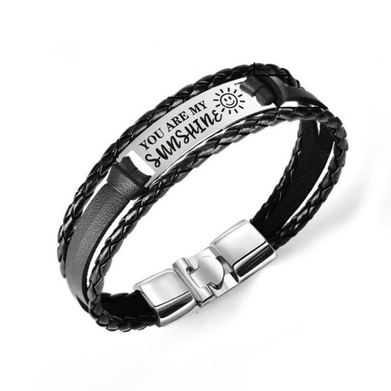Wholesale Leather Steel Plate Bracelet,  Black Woven Steel Plate with Engraved Text,  Stainless Steel Tongue Clasp Leather Bracelet,  Three-Layer Leather Steel Plate Bracelet