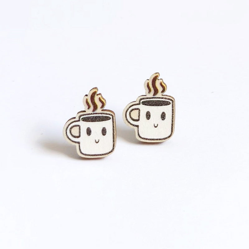 Wholesale Cute Wood Food Cookie  Hamburger Fries Pizza Donut Milk Omelette Earrings