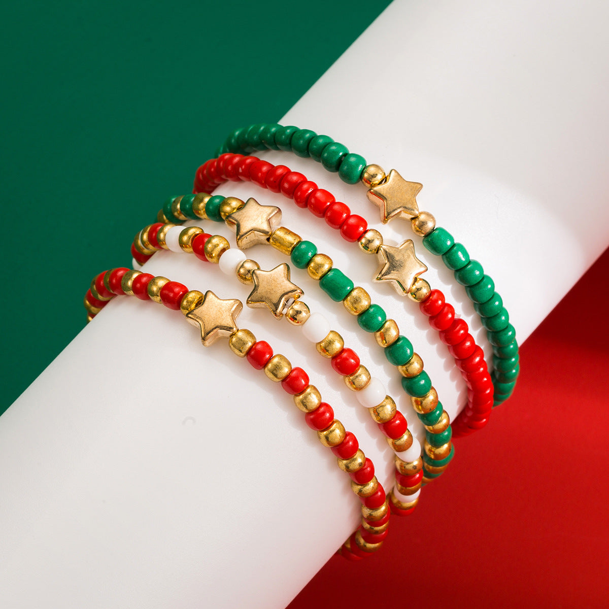 Wholesale Christmas Bracelet Multi-layer Stacked with Stars Green Red Beads Beaded Bracelet