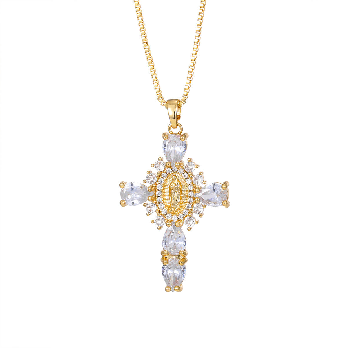 WholesaleJewelry Virgin Mary Cross Pendant Copper Inlaid with Zircon Temperament Versatile Cross Necklace Yiwu Accessories