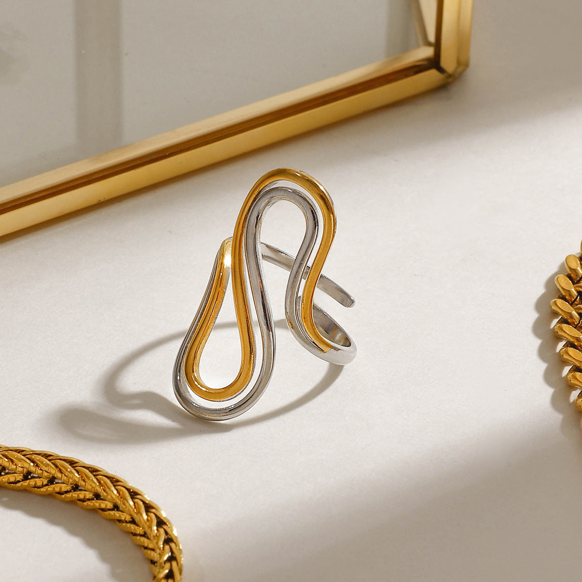 Wholesale  18k gold gold and silver color matching double S-shaped adjustable opening stainless steel ring