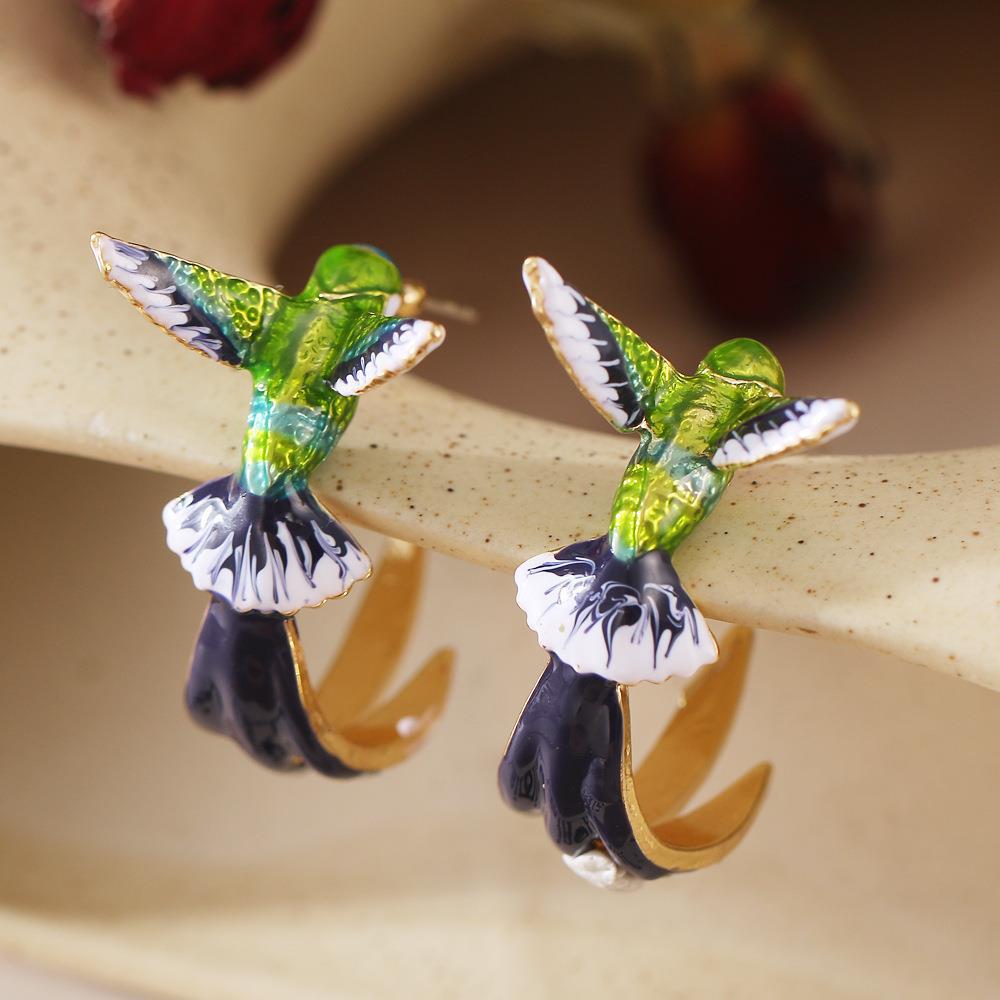 Wholesale Vintage Oil Hummingbird Green Blue Earrings