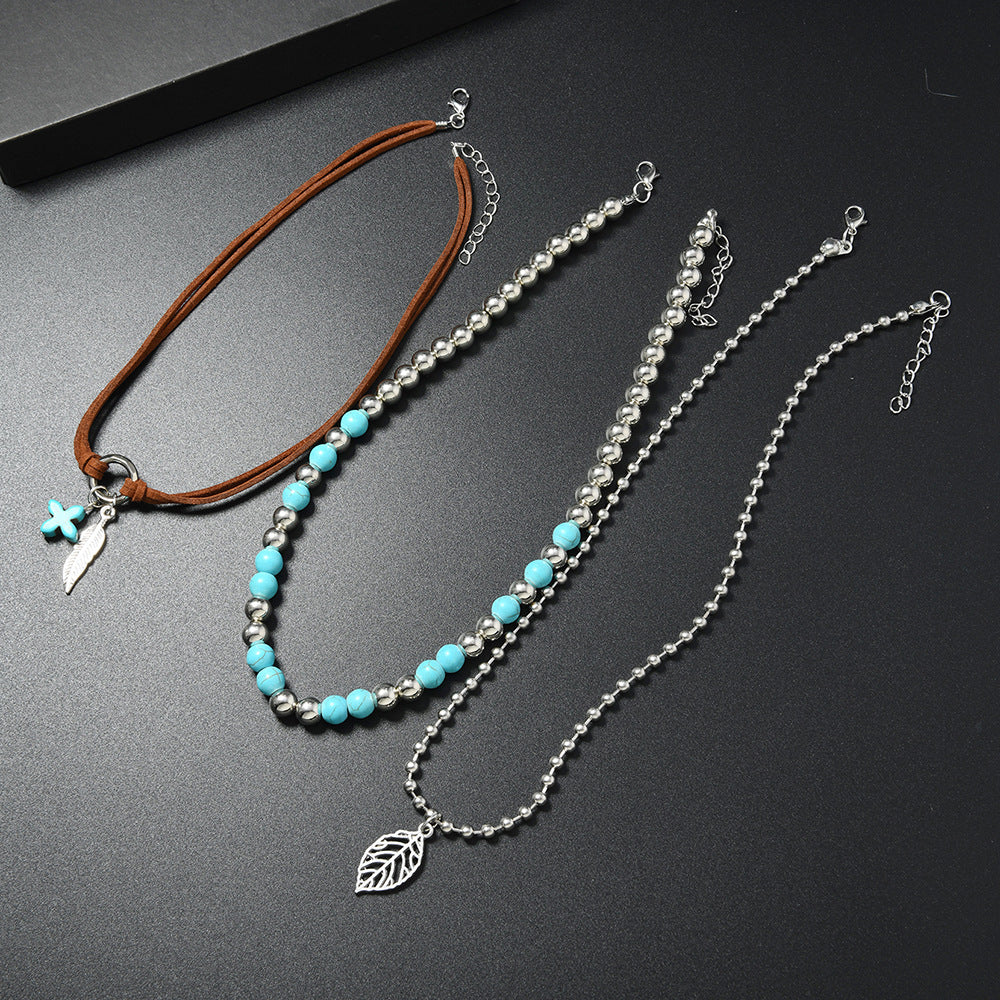 Wholesale Bohemian Turquoise Beaded Layered Necklace Set Handmade Women S 3 Piece Collarbone Chain Boutique Resale Jewelry