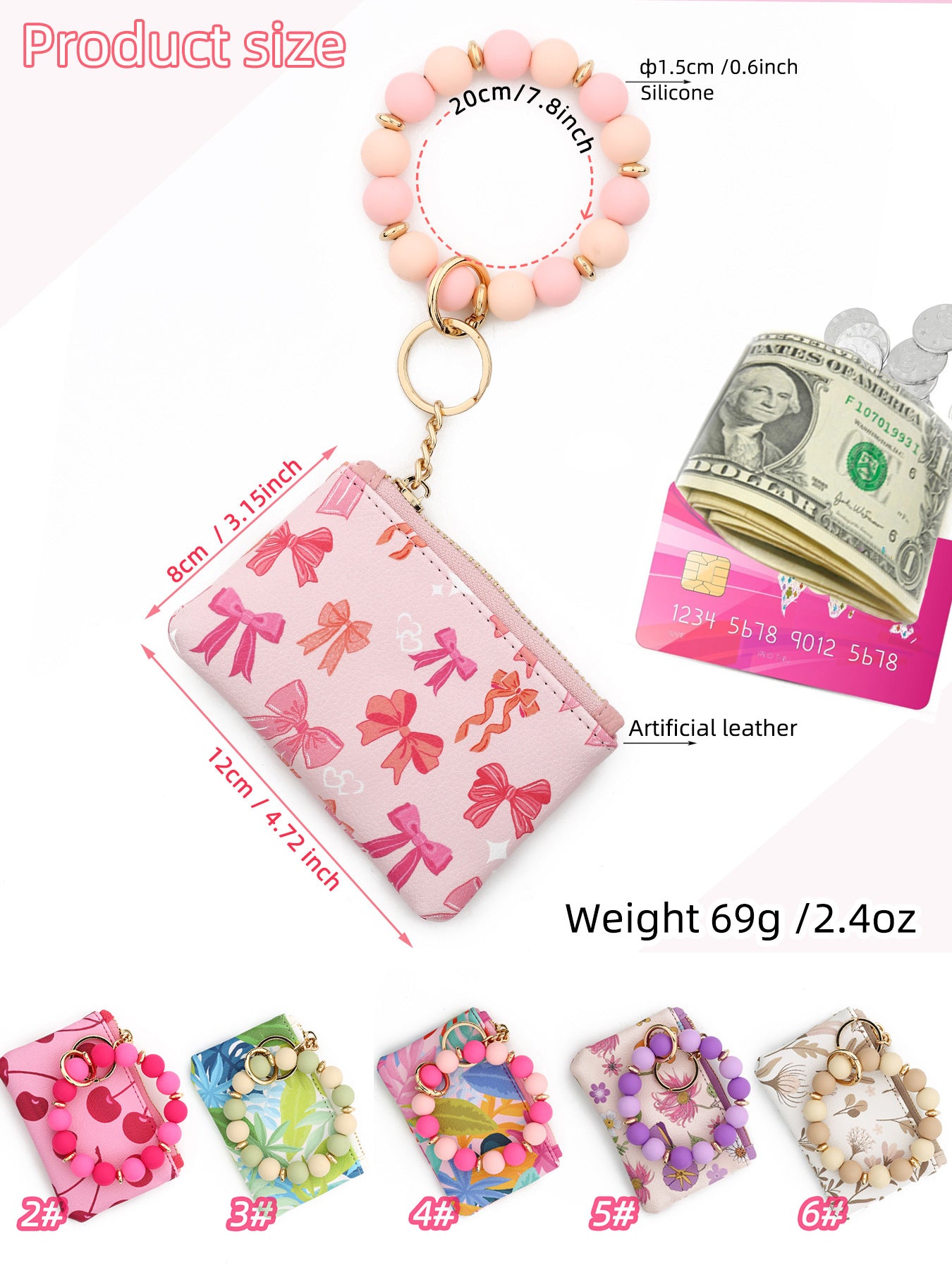 Wholesale Wallet Bow Card Holder Printed Clutch Silicone Bead Bracelet Wristlet Keychain