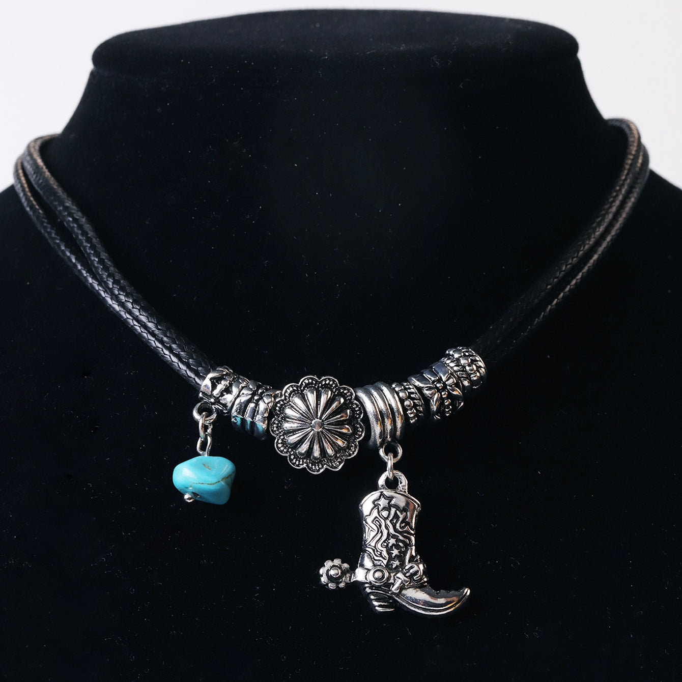 Wholesale Retro Woven Rope Necklace With Alloy Pendant And Turquoise Inlay Unique Gift Jewelry Accessory