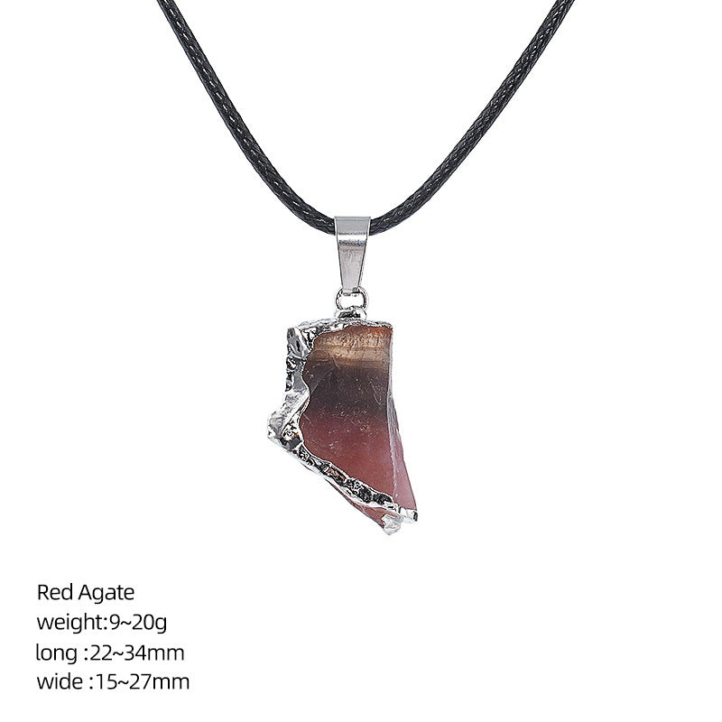 Wholesale Natural Crystal Raw Stone Pendant Necklace with Leather Rope Chain Irregular Hand-Hammered Electroplated Fashion Jewelry