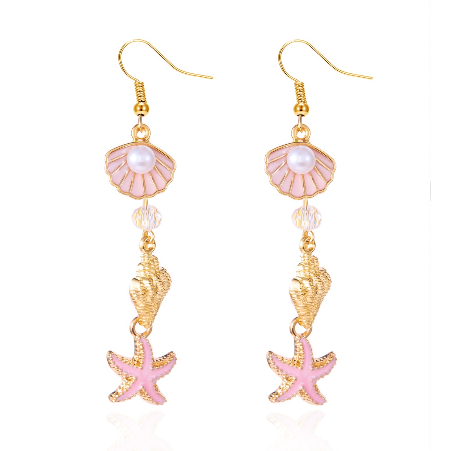 Wholesale Summer  Conch Shell Starfish Long Pearl Tassel Earrings