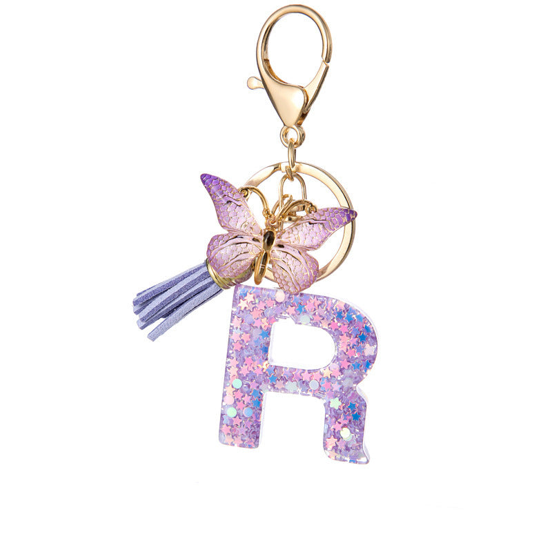 Wholesale Purple Star Tassel Resin Keychain 26 English Letters Bag Charm For Women Students Fashion Decorative Accessory