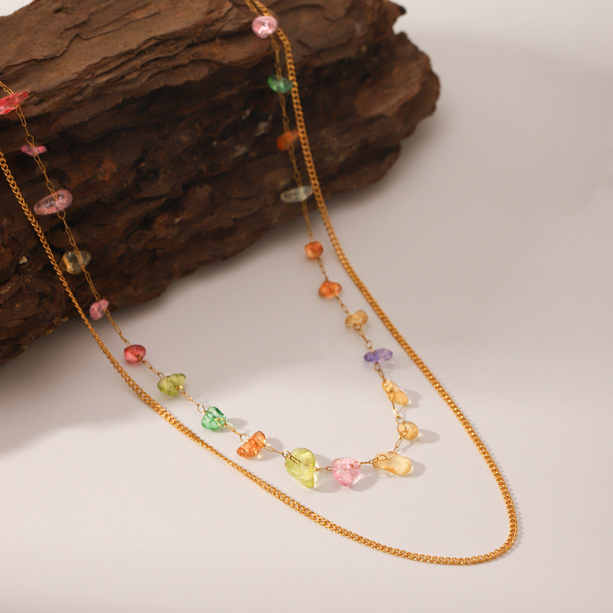 Wholesale  Stainless Steel 18K Gold Color Gravel Double Chain Necklace