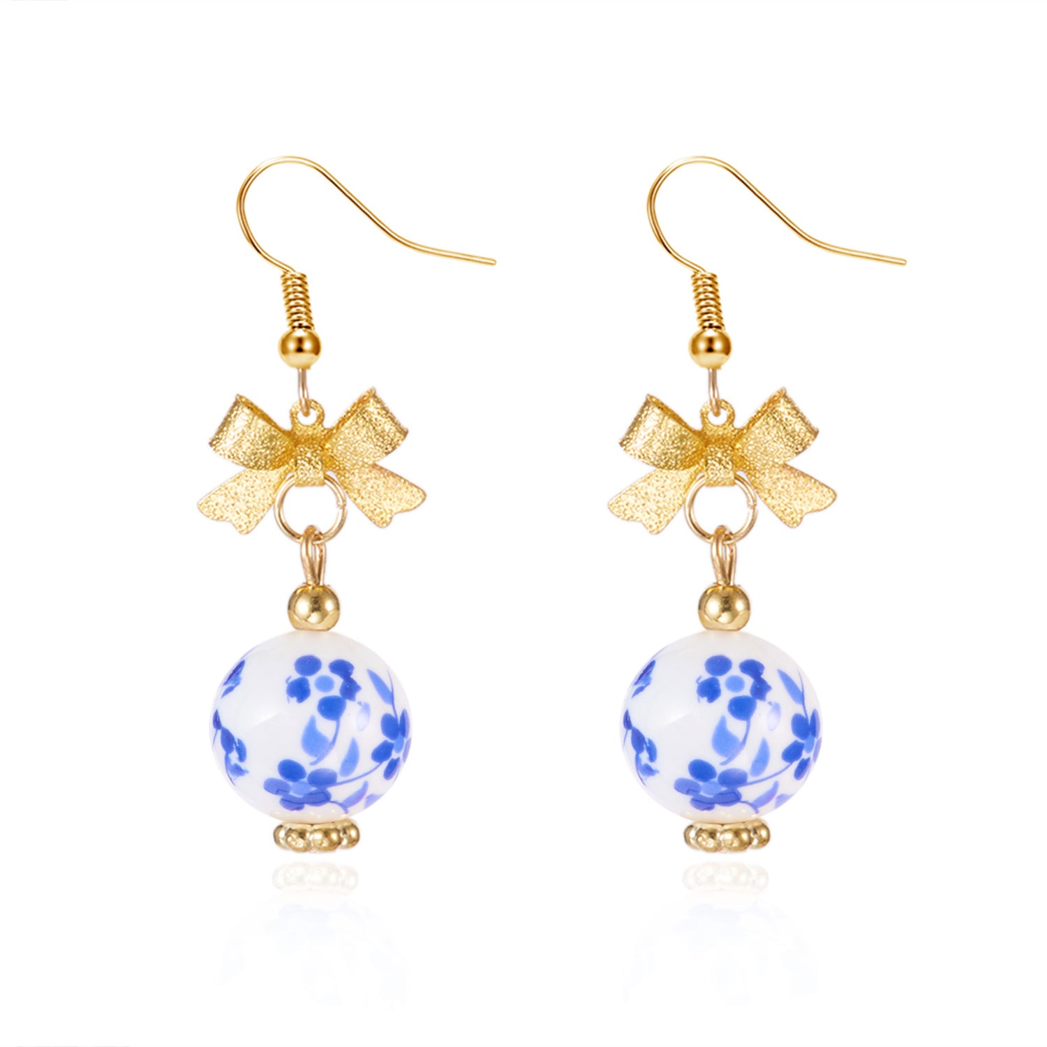 Wholesale Chinese style floral blue and white porcelain bow earrings