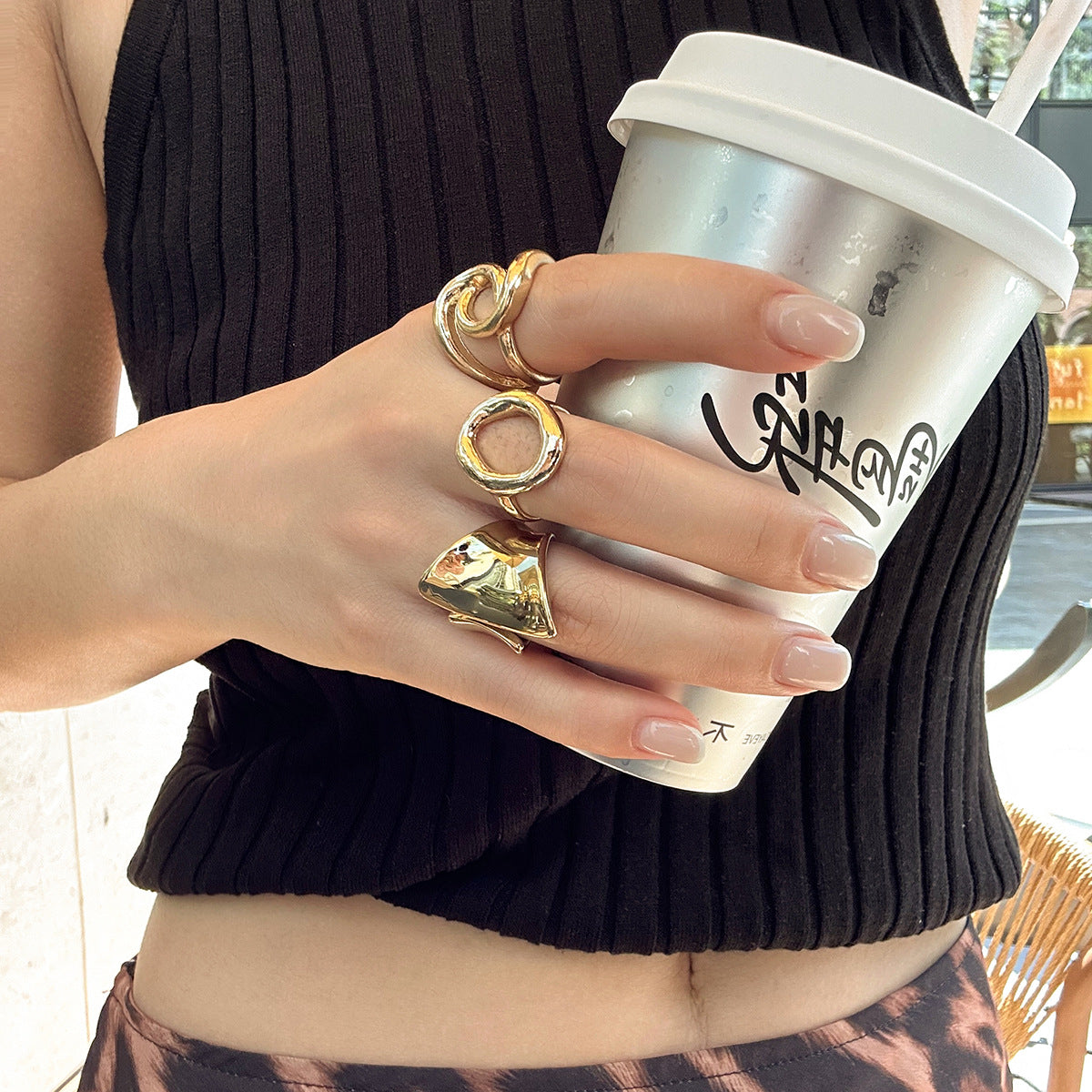 Wholesale Glossy Ring Set Asymmetrical Metallic Ring