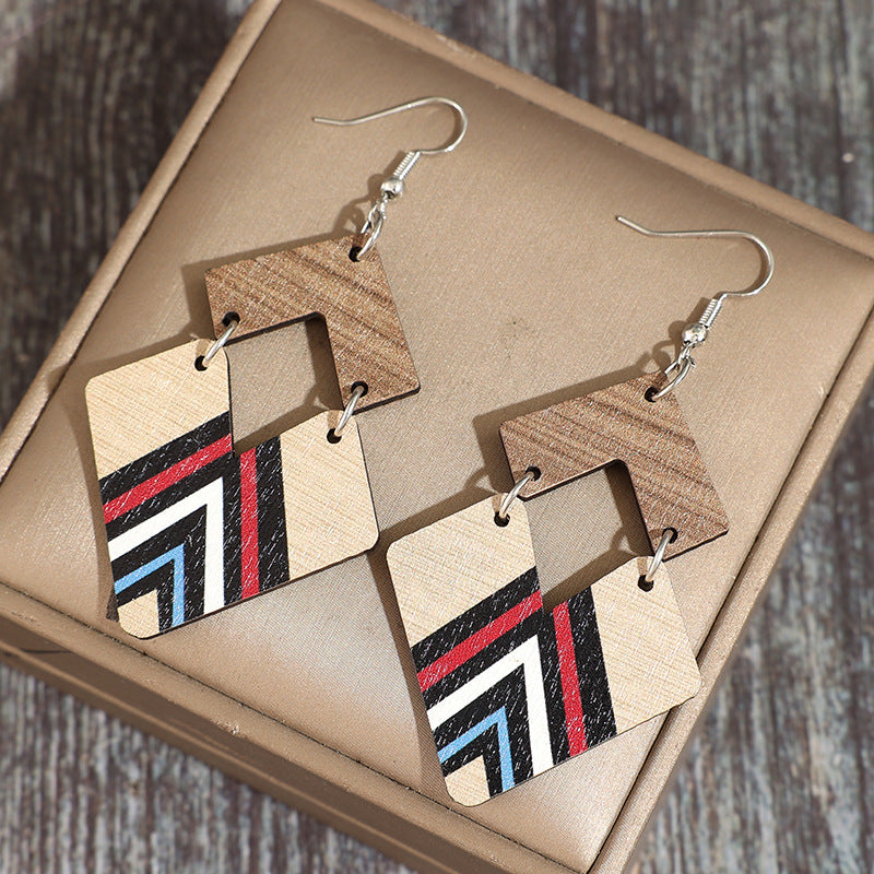 Wholesale Retro Wooden Two-Color Striped Double Diamond and Heart Earrings for Women